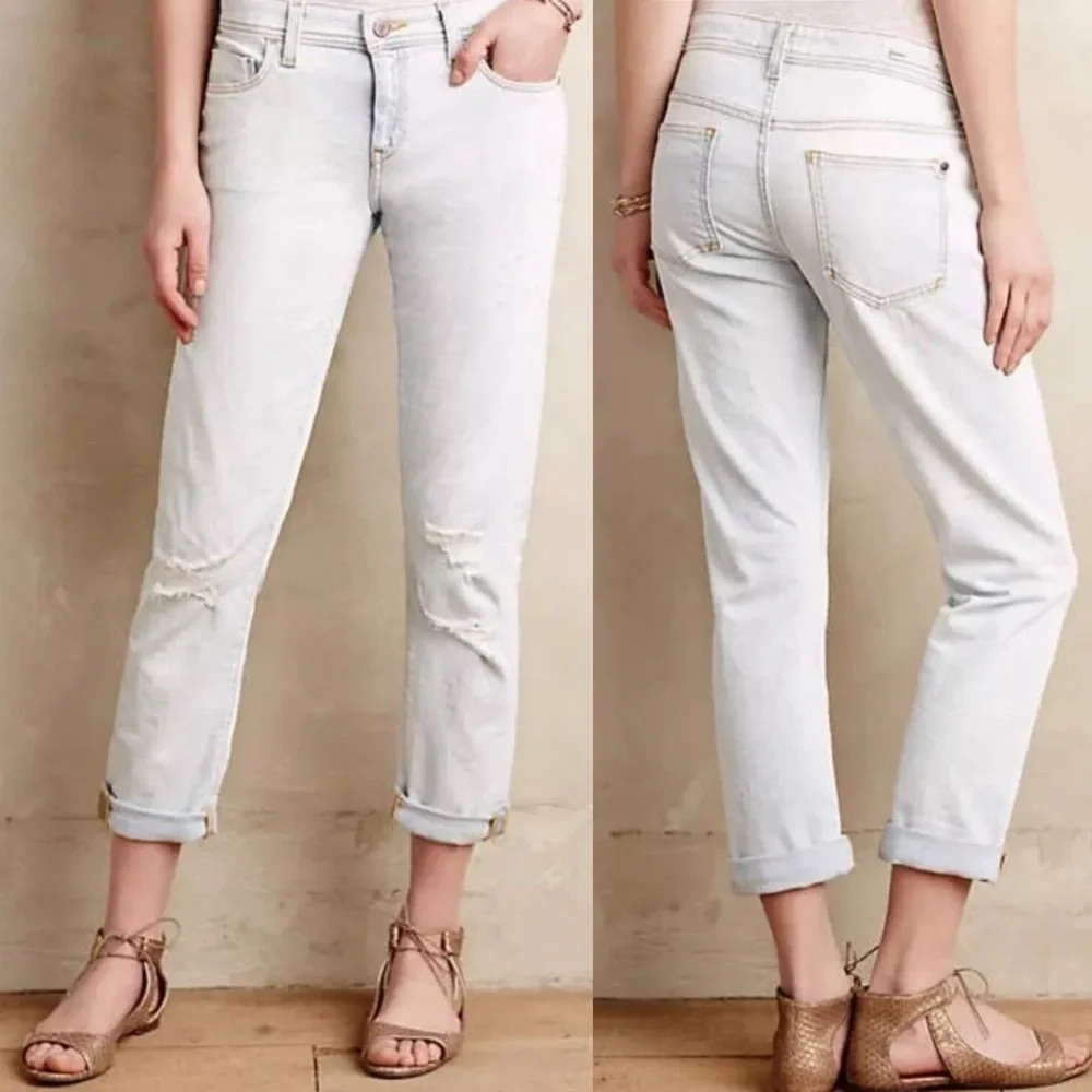ANTHRO PILCRO And The Letterpress Hyphen Distressed Light Wash Boyfriend Jeans